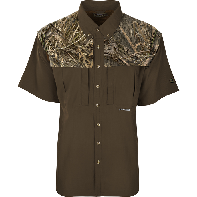 EST Two-Tone Camo Flyweight Wingshooter's Shirt with camo design, featuring vented mesh back, Magnattach™ chest pocket, and UPF 50+ sun protection for early season hunting.