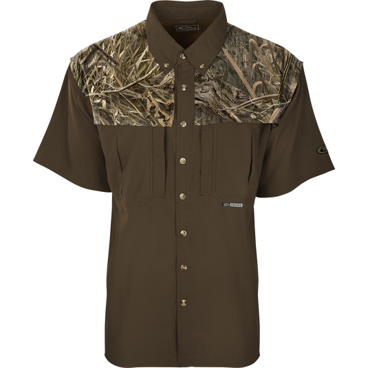 EST Two-Tone Camo Flyweight Wingshooter's Shirt with camo design, featuring vented mesh back, Magnattach™ chest pocket, and UPF 50+ sun protection for early season hunting.