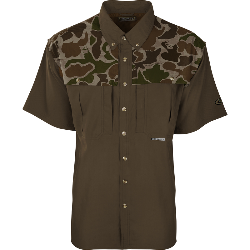 EST Two-Tone Camo Flyweight Wingshooter's Shirt with vented mesh back, Magnattach™ chest pocket, and UPF 50+ sun protection for early season hunting.