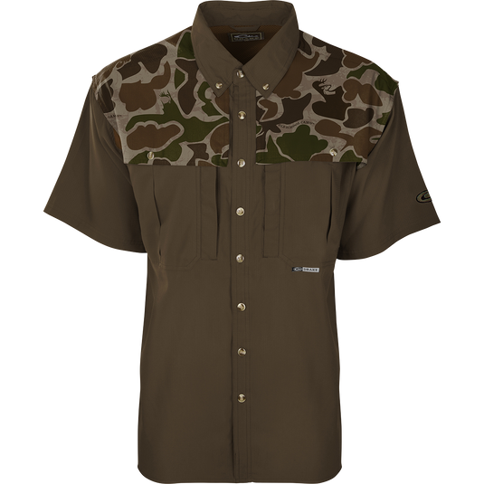 EST Two-Tone Camo Flyweight Wingshooter's Shirt with vented mesh back, Magnattach™ chest pocket, and UPF 50+ sun protection for early season hunting.