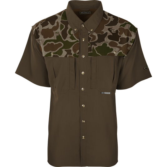 EST Camo Flyweight Wingshooter's Short Sleeve Shirt: Lightweight, breathable hunting shirt with vented mesh back, Magnattach™ chest pocket, and Sol-Shield™ UPF 50+ sun protection.