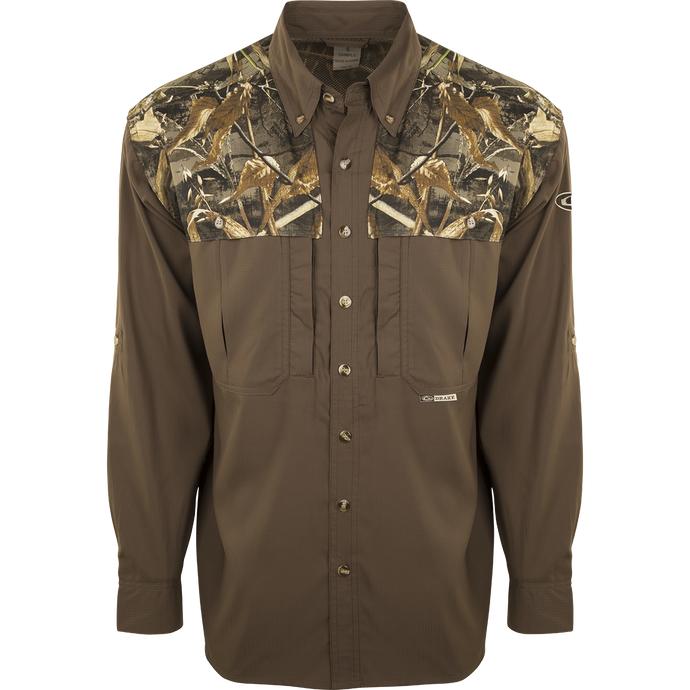 EST Two-Tone Camo Flyweight Wingshooter's Shirt L/S, ultra-lightweight polyester with camo design, featuring vented mesh back, quick-drying, UPF 50+ sun protection, and multiple chest pockets.