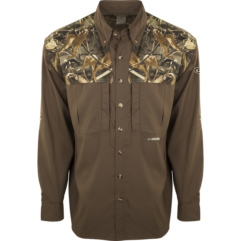 EST Two-Tone Camo Flyweight Wingshooter's Shirt L/S, ultra-lightweight polyester with camo design, featuring vented mesh back, quick-drying, UPF 50+ sun protection, and multiple chest pockets.