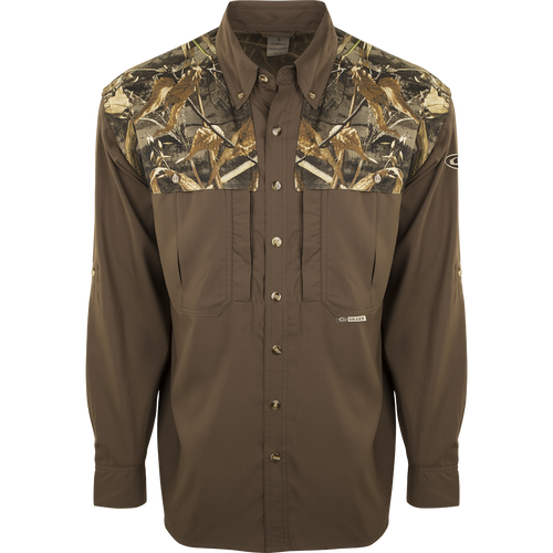 EST Two-Tone Camo Flyweight Wingshooter's Shirt L/S, ultra-lightweight polyester with camo design, featuring vented mesh back, quick-drying, UPF 50+ sun protection, and multiple chest pockets.