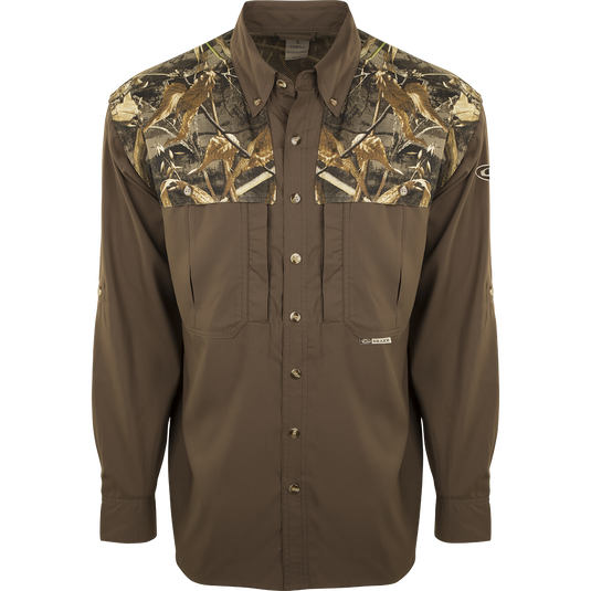 EST Two-Tone Camo Flyweight Wingshooter's Shirt L/S, ultra-lightweight polyester with camo design, featuring vented mesh back, quick-drying, UPF 50+ sun protection, and multiple chest pockets.