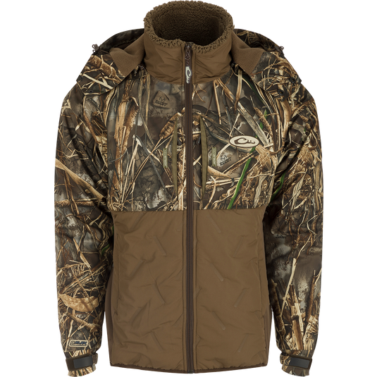 LST Guardian Flex Double Down Eqwader Full Zip w/ Hood, featuring a camouflage pattern with multiple zippered chest pockets and a fleece-lined hood.