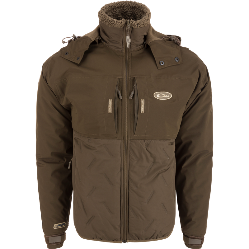 LST Guardian Flex Double Down Eqwader Full Zip w/ Hood, showcasing durable, waterproof design with fleece-lined hood and multiple chest pockets.