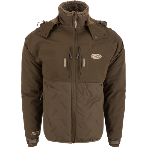 LST Guardian Flex Double Down Eqwader Full Zip w/ Hood, showcasing durable, waterproof design with fleece-lined hood and multiple chest pockets.