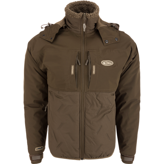 LST Guardian Flex Double Down Eqwader Full Zip w/ Hood, showcasing durable, waterproof design with fleece-lined hood and multiple chest pockets.