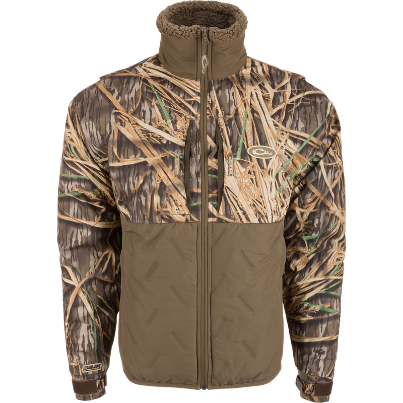 LST Guardian Flex Double Down Eqwader Full Zip Jacket with camouflage pattern, featuring waterproof upper, breathable fabric, and abrasion-resistant matte finish, ideal for outdoor conditions.