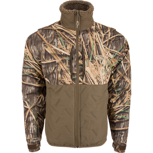 LST Guardian Flex Double Down Eqwader Full Zip Jacket with camouflage pattern, featuring waterproof upper, breathable fabric, and abrasion-resistant matte finish, ideal for outdoor conditions.