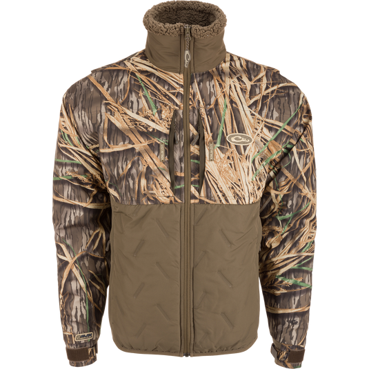 LST Guardian Flex Double Down Eqwader Full Zip Jacket with camouflage pattern, featuring waterproof upper, breathable fabric, and abrasion-resistant matte finish, ideal for outdoor conditions.