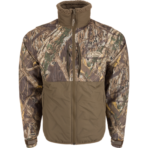 LST Guardian Flex Double Down Eqwader Full Zip Jacket with camouflage pattern, showcasing windproof, waterproof upper body, and abrasion-resistant lower body with advanced insulation and protection features.