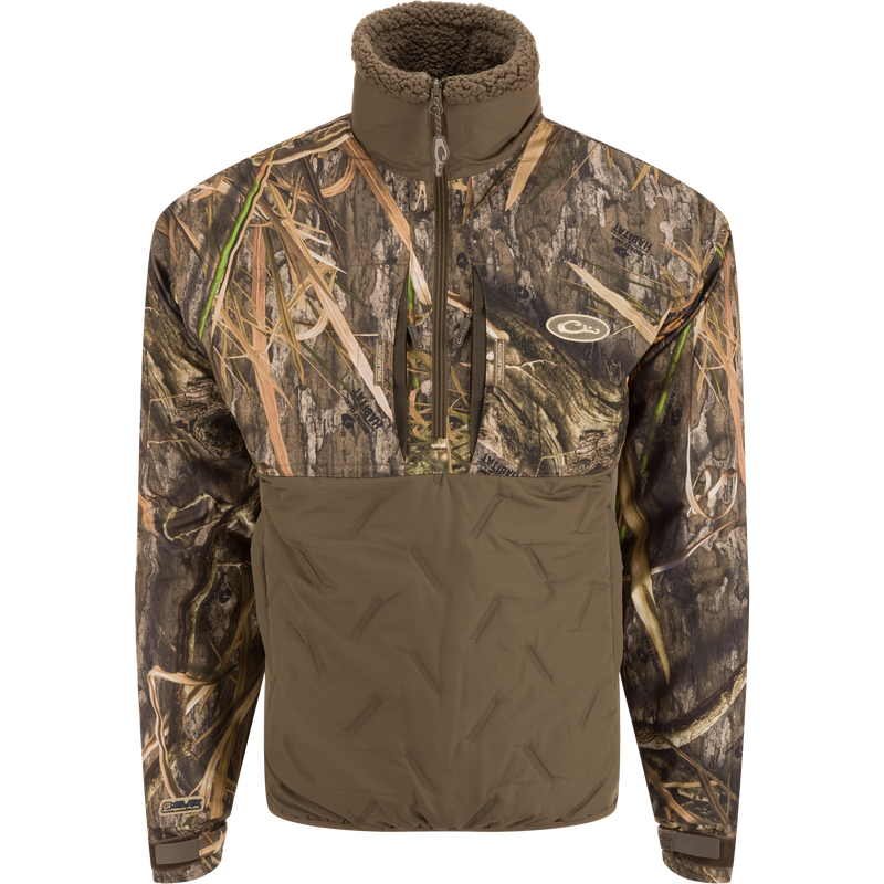 LST Guardian Flex Double Down Eqwader Quarter Zip with camouflage pattern, featuring waterproof upper, reinforced elbows, and multiple chest pockets, ideal for outdoor use.