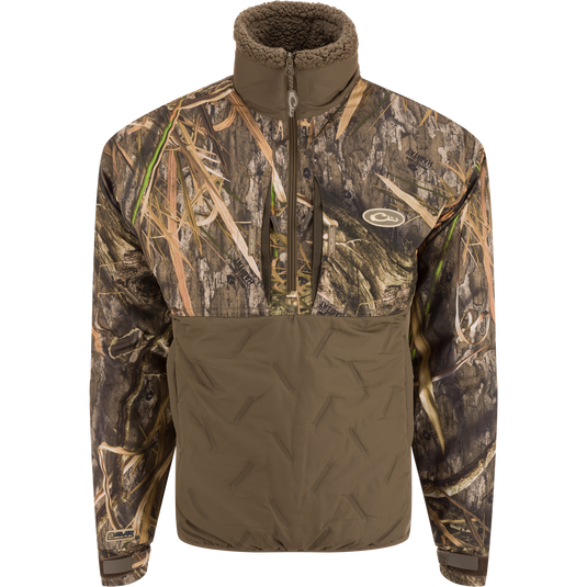 LST Guardian Flex Double Down Eqwader Quarter Zip with camouflage pattern, featuring waterproof upper, reinforced elbows, and multiple chest pockets, ideal for outdoor use.