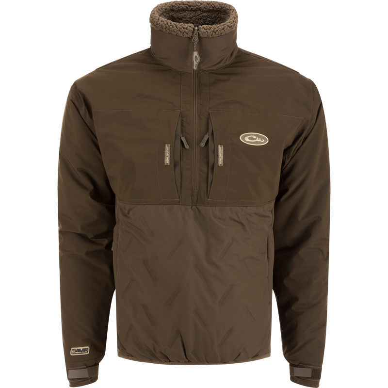 LST Guardian Flex Double Down Eqwader Quarter Zip jacket showcasing waterproof upper body, zipper, and chest pockets, designed for superior protection and outdoor pursuits.