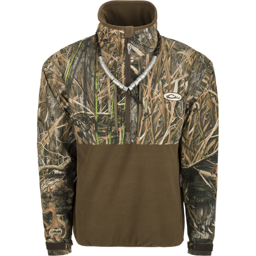 MST Guardian Flex Fleece Eqwader Quarter Zip Jacket showcasing camouflage pattern, long sleeves, zippered pockets, and reinforced elbows, ideal for hunting and outdoor activities.