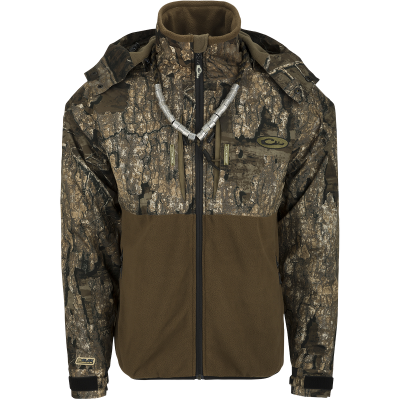 MST Guardian Eqwader Flex Fleece Full Zip Jacket w/ Hood featuring Guardian Flex™ fabric on torso and arms, 350-gram fleece lower body, and multiple zippered pockets.