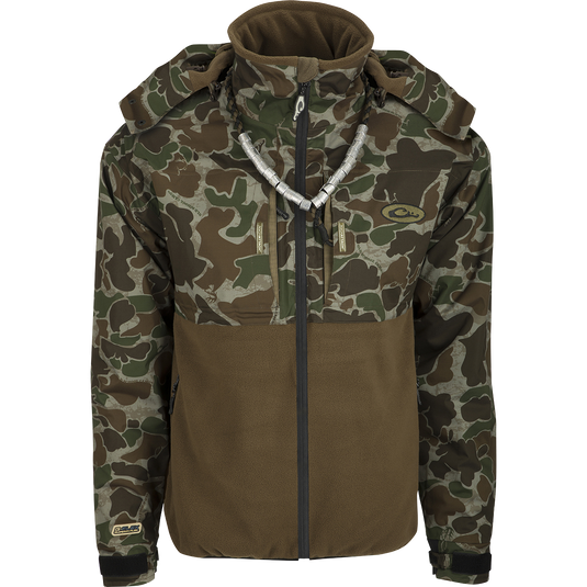 MST Guardian Eqwader Flex Fleece Full Zip Jacket w/ Hood featuring camouflage pattern, Guardian Flex™ upper torso and arms, and fleece lower body, displayed on a black background.