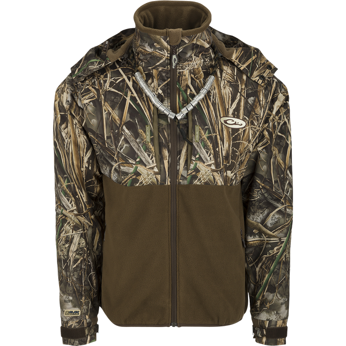 MST Guardian Eqwader Flex Fleece Full Zip Jacket w/ Hood featuring a camouflage pattern, fleece-lined hood, reinforced elbows, zippered pockets, and adjustable cuffs for outdoor protection and comfort.