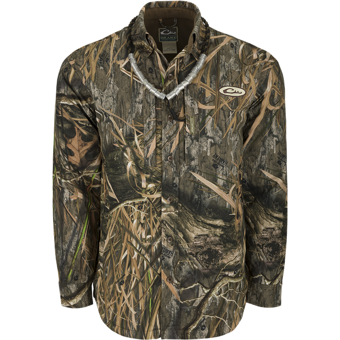 MST Fleece-Lined Guardian Flex Jac-Shirt: A camouflaged long-sleeved shirt with a logo, close-ups of the fabric, and jacket details. Ideal for hunting.