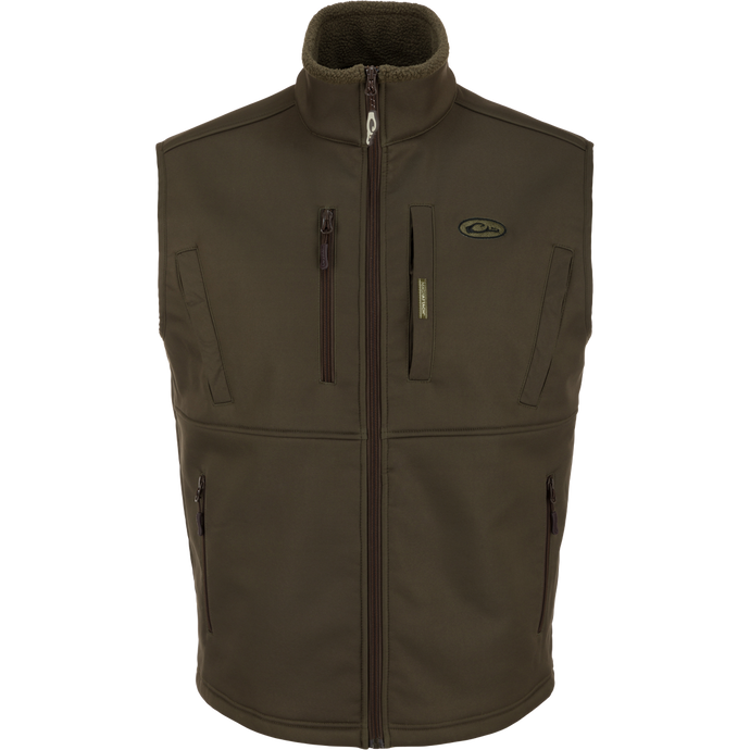 Hole Shot Windproof Eqwader Vest with zippers, sherpa-lined upper body, zippered lower slash pockets, and adjustable drawcord waist.