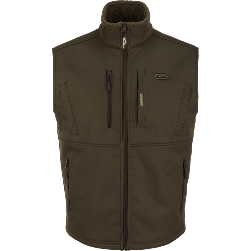 Hole Shot Windproof Eqwader Vest with zippers, sherpa-lined upper body, zippered lower slash pockets, and adjustable drawcord waist.