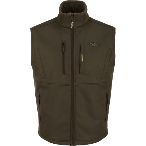 Hole Shot Windproof Eqwader Vest with zippers, sherpa-lined upper body, zippered lower slash pockets, and adjustable drawcord waist.