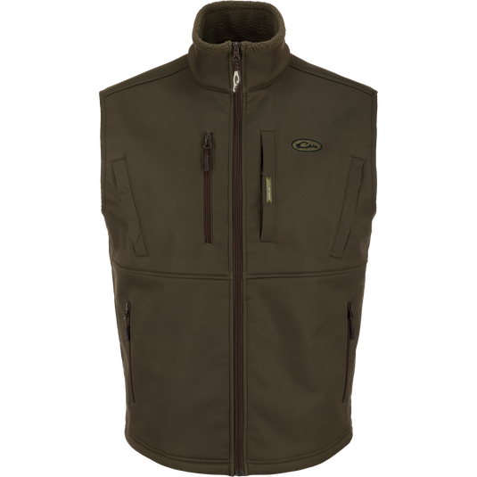 Hole Shot Windproof Eqwader Vest with zippers, sherpa-lined upper body, zippered lower slash pockets, and adjustable drawcord waist.