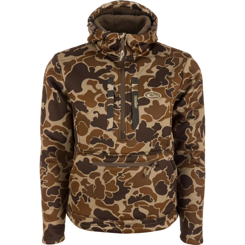 Ultimate Wader Quarter Zip Hoodie with camouflage design, featuring high hand-warmer pockets, Sherpa lining, and adjustable waist, ideal for mid-season outdoor activities.