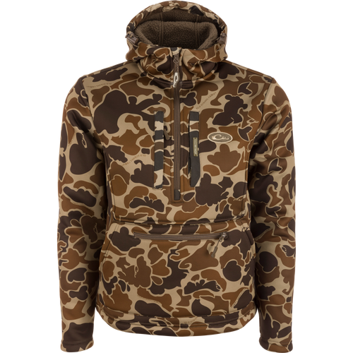 Ultimate Wader Quarter Zip Hoodie with camouflage design, featuring high hand-warmer pockets, Sherpa lining, and adjustable waist, ideal for mid-season outdoor activities.