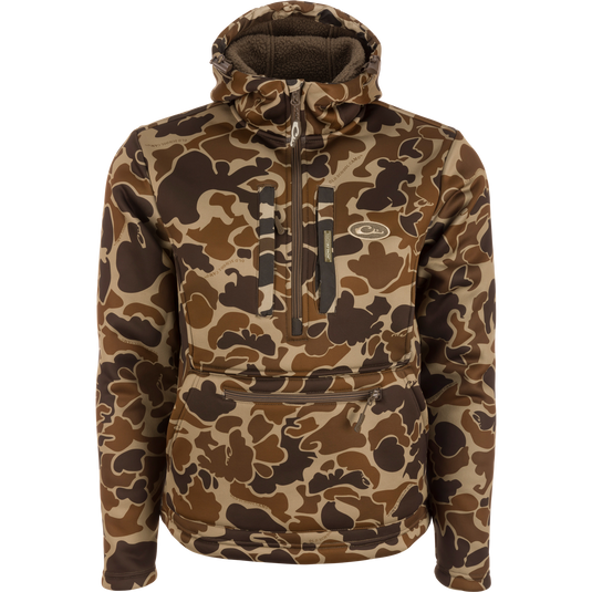 Ultimate Wader Quarter Zip Hoodie with camouflage design, featuring high hand-warmer pockets, Sherpa lining, and adjustable waist, ideal for mid-season outdoor activities.