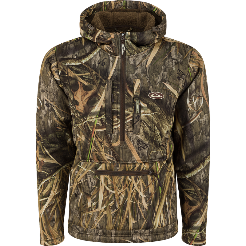 Ultimate Wader Quarter Zip Hoodie with camouflage pattern, featuring Sherpa-lined handwarmer pockets, drawcord adjustable waist, and Magnattach™ chest pocket, ideal for outdoor layering.