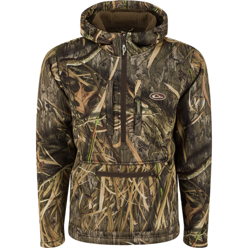 Ultimate Wader Quarter Zip Hoodie with camouflage pattern, featuring Sherpa-lined handwarmer pockets, drawcord adjustable waist, and Magnattach™ chest pocket, ideal for outdoor layering.