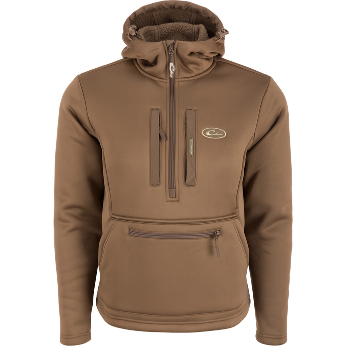 Ultimate Wader Quarter Zip Hoodie featuring a Sherpa lining, high hand-warmer pockets, and a vertical zipper chest pocket, designed for comfort and functionality in mid-season temperatures.