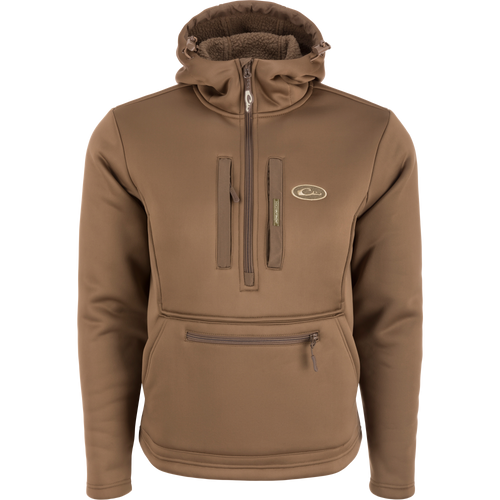 Ultimate Wader Quarter Zip Hoodie featuring a Sherpa lining, high hand-warmer pockets, and a vertical zipper chest pocket, designed for comfort and functionality in mid-season temperatures.