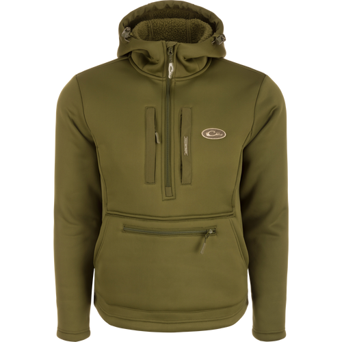 Ultimate Wader Quarter Zip Hoodie featuring a durable zipper and high hand-warmer pockets, ideal for layering and mid-season comfort.