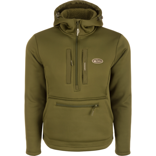 Ultimate Wader Quarter Zip Hoodie featuring a durable zipper and high hand-warmer pockets, ideal for layering and mid-season comfort.