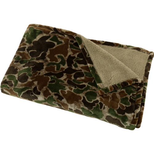 Old School Fleece Blanket with camouflage pattern, crafted from soft polyester and sherpa fleece for warmth, measuring 60x84 inches.