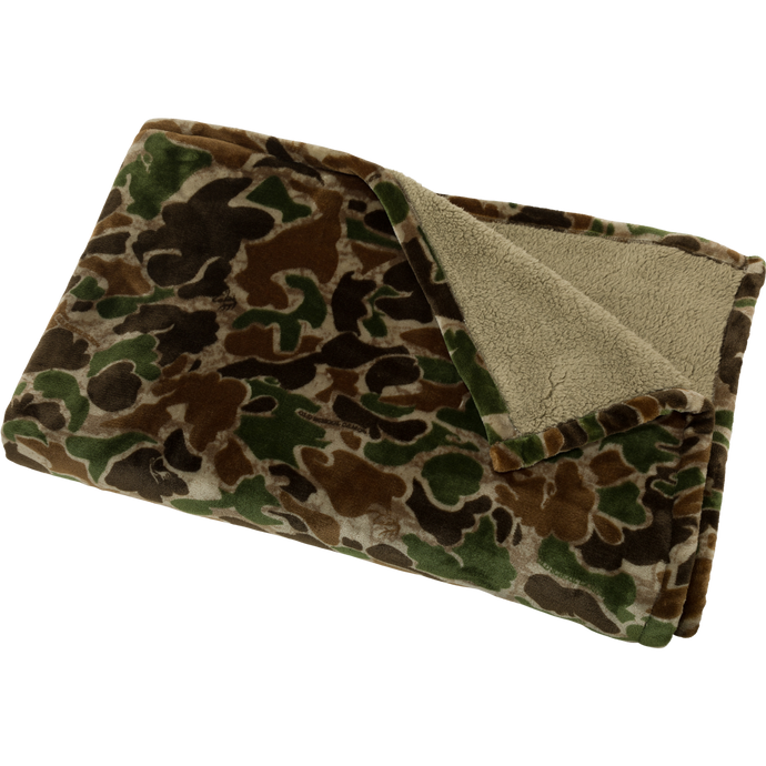 Old School Fleece Blanket with camouflage pattern, crafted from soft polyester and sherpa fleece for warmth, measuring 60x84 inches.