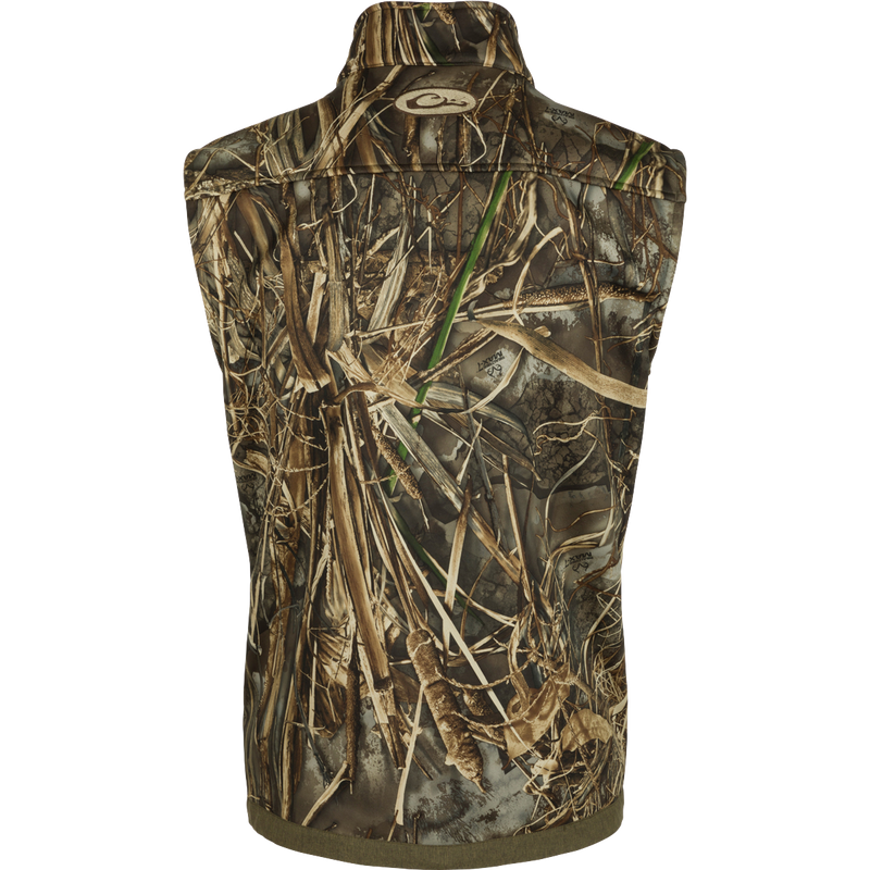 Endurance Vest with camouflage pattern featuring zippered chest pocket, magnetic chest pocket, and hand warmer pockets, designed for mobility and insulation.