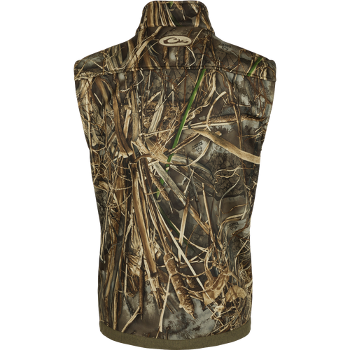 Endurance Vest with camouflage pattern featuring zippered chest pocket, magnetic chest pocket, and hand warmer pockets, designed for mobility and insulation.