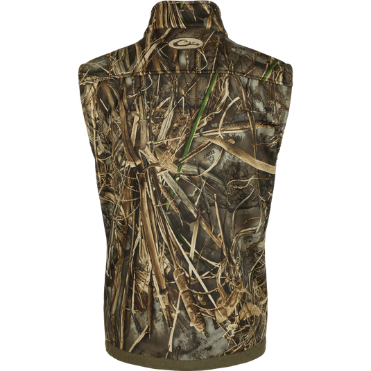 Endurance Vest with camouflage pattern featuring zippered chest pocket, magnetic chest pocket, and hand warmer pockets, designed for mobility and insulation.