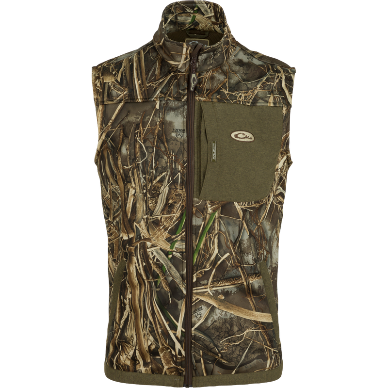 Endurance Vest with camouflage pattern, featuring a stand-up collar, zippered chest pocket, magnetic chest pocket, and lower hand warmer pockets. Ideal for mobility and insulation.