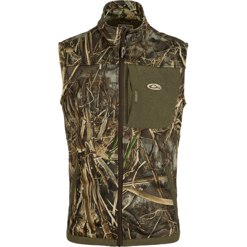 Endurance Vest with camouflage pattern, featuring a stand-up collar, zippered chest pocket, magnetic chest pocket, and lower hand warmer pockets. Ideal for mobility and insulation.