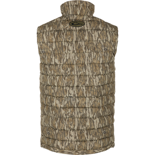 LST Double Down Layering Vest with camouflage pattern, featuring zippered pockets, elastic cuffs, and microfleece-lined collar for warmth and comfort.