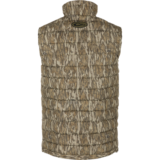 LST Double Down Layering Vest with camouflage pattern, featuring zippered pockets, elastic cuffs, and microfleece-lined collar for warmth and comfort.