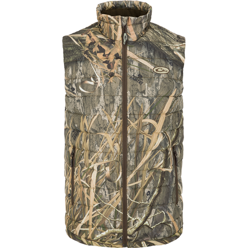 LST Double Down Layering Vest with camouflage pattern, featuring synthetic down insulation, microfleece-lined collar, reverse-coil zippers, and adjustable drawcord waist for enhanced comfort.