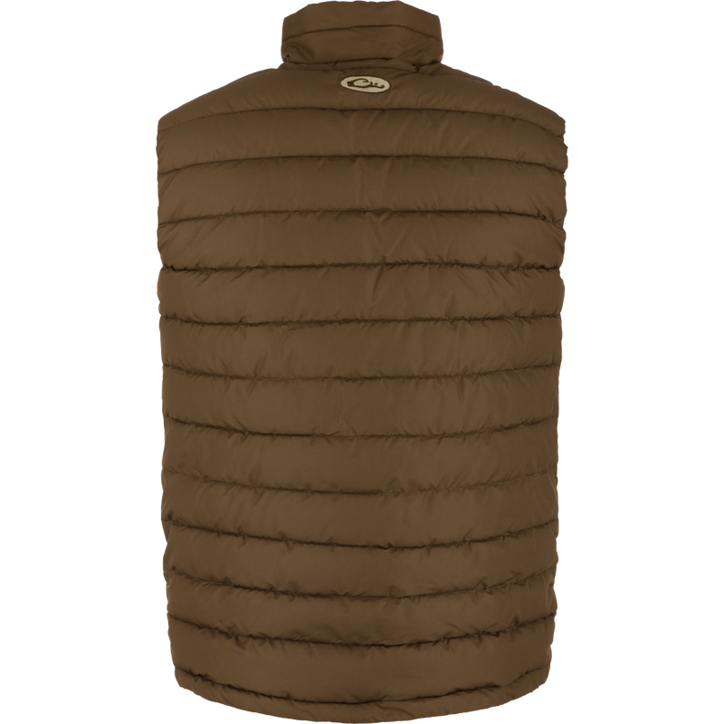 LST Double Down Layering Vest showcasing its insulated chest, back, shoulders, and microfleece-lined collar for warmth and comfort. Features reverse-coil zippers and adjustable drawcord waist.