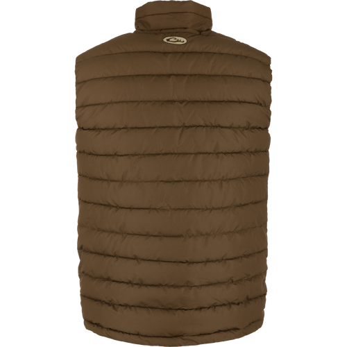 LST Double Down Layering Vest showcasing its insulated chest, back, shoulders, and microfleece-lined collar for warmth and comfort. Features reverse-coil zippers and adjustable drawcord waist.